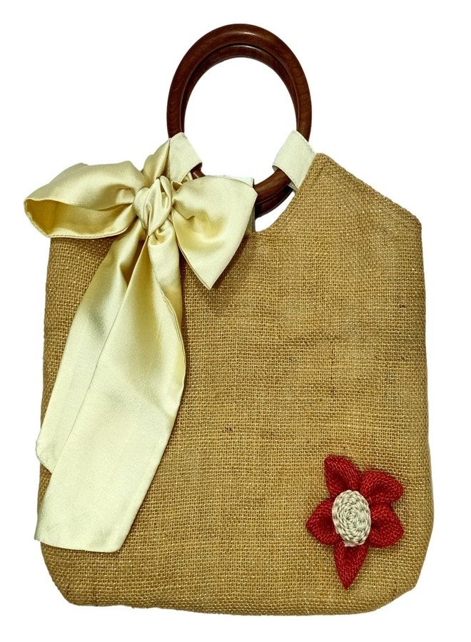athizay jute hands bags for women bow tie detailing wooden handle tassel hanging Solid Plain Cotton | Jute | hand carry wristlets bags fashion accessory (Golden Brown Jute, Silky Creamy) - Image 1