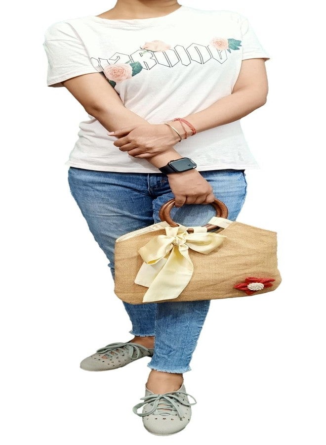 athizay jute hands bags for women bow tie detailing wooden handle tassel hanging Solid Plain Cotton | Jute | hand carry wristlets bags fashion accessory (Golden Brown Jute, Silky Creamy) - Image 5