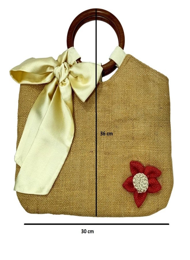 athizay jute hands bags for women bow tie detailing wooden handle tassel hanging Solid Plain Cotton | Jute | hand carry wristlets bags fashion accessory (Golden Brown Jute, Silky Creamy) - Image 3