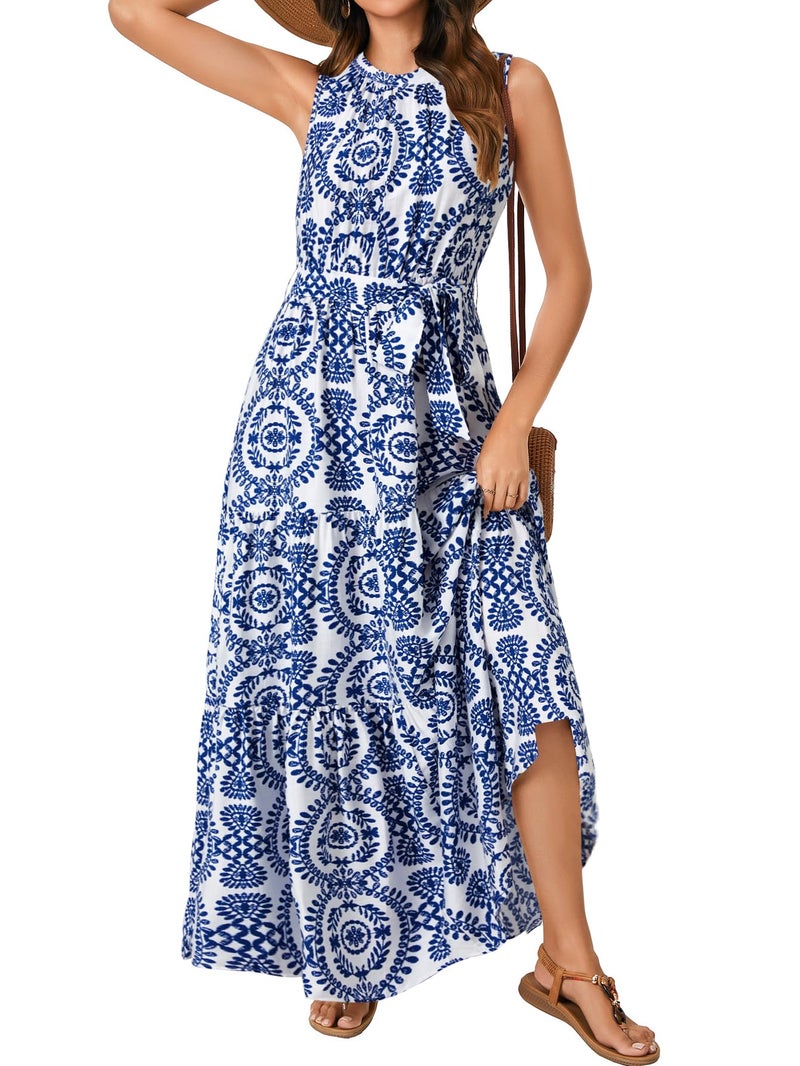 Rooscier Women's Sleeveless Boho Halter Neck Print Tiered A Line Beach Maxi Dress Royal Blue Small - Image 1