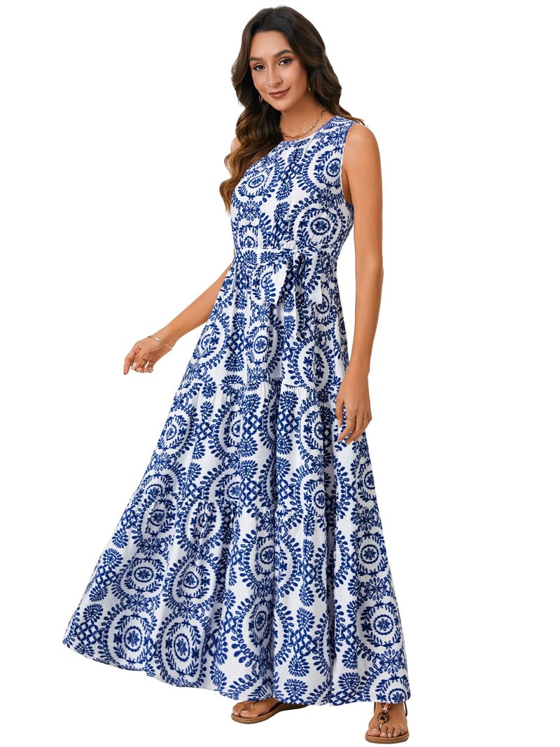 Rooscier Women's Sleeveless Boho Halter Neck Print Tiered A Line Beach Maxi Dress Royal Blue Small - Image 3