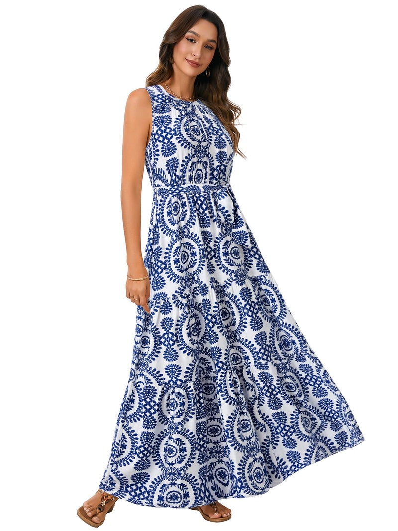 Rooscier Women's Sleeveless Boho Halter Neck Print Tiered A Line Beach Maxi Dress Royal Blue Small - Image 4