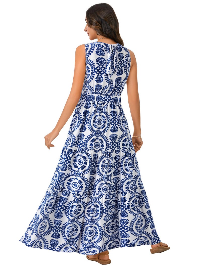 Rooscier Women's Sleeveless Boho Halter Neck Print Tiered A Line Beach Maxi Dress Royal Blue Small - Image 5