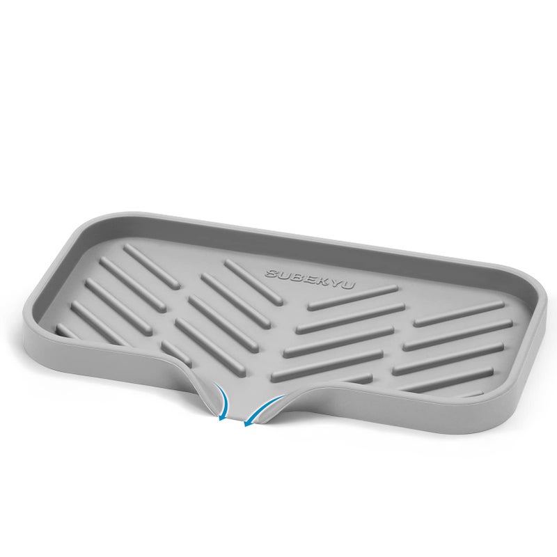 SUBEKYU Silicone Kitchen Soap Tray Sink Tray for Kitchen CounterSoap Bottles Sponge Holder and Organizer with Drain Spout Grey Size 95 x 5 inch