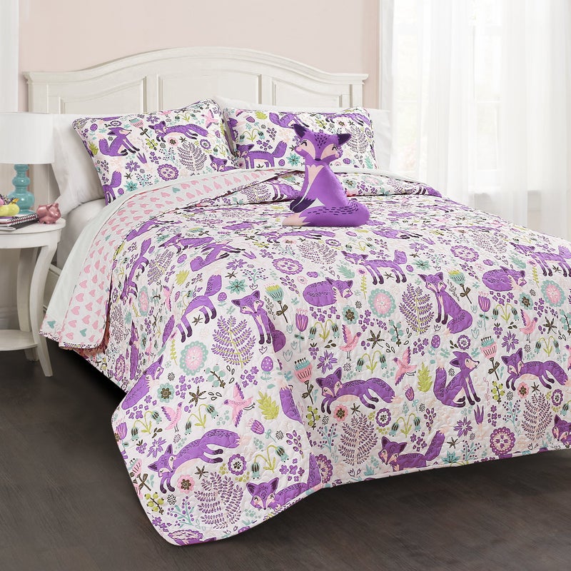 Lush Decor Lush Decor Pixie Fox Reversible Quilt Set 4 Piece Set Full Queen Purple  Pink  Bedding Sets For Girls  Whimsical Quilt For Kids  Toddlers  Floral  Heart Print  Woodland Bedroom Decor 