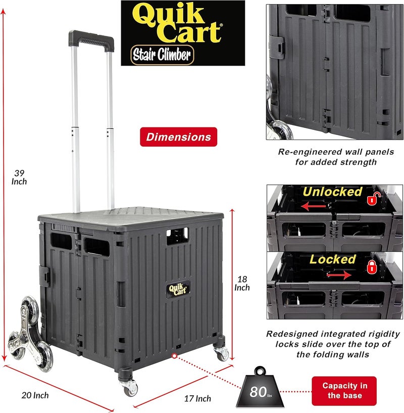 dbest products Quik Cart Stair Climber Wheeled Rolling Crate Teacher Utility with seat Heavy Duty Collapsible Basket with Handle, 18" D x 17" W x 39" H, Black - Image 3