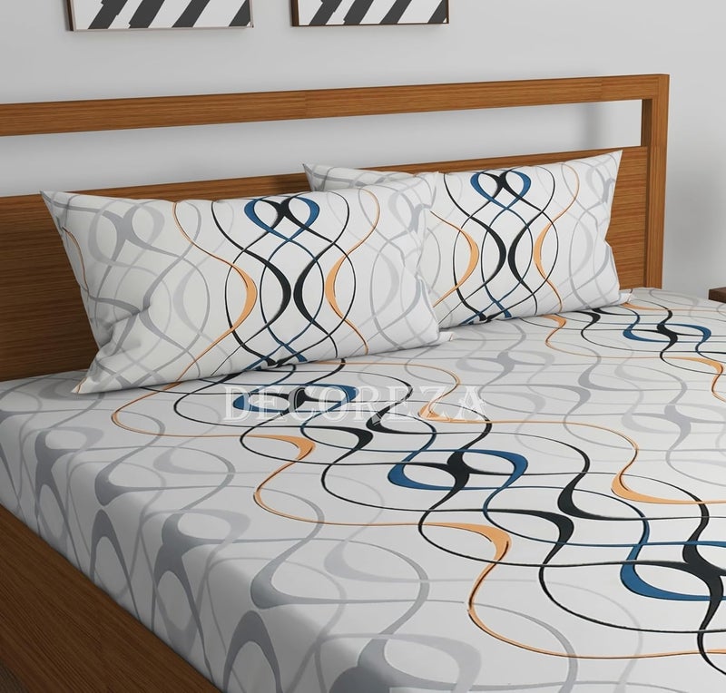 DECOREZA 240 TC Cotton Feel Glace Cotton Elastic Fitted Printed King Size Double Bed Bedsheet with 2 Pillow Covers and Fits Upto 8 inches Mattress, Size- 72"x78" (White Wave) - Image 3