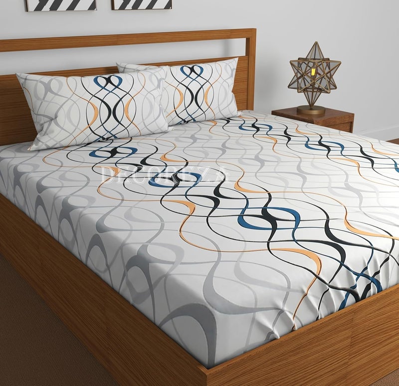 DECOREZA 240 TC Cotton Feel Glace Cotton Elastic Fitted Printed King Size Double Bed Bedsheet with 2 Pillow Covers and Fits Upto 8 inches Mattress, Size- 72"x78" (White Wave) - Image 1
