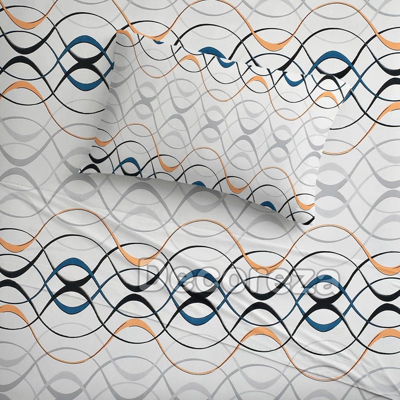 DECOREZA 240 TC Cotton Feel Glace Cotton Elastic Fitted Printed King Size Double Bed Bedsheet with 2 Pillow Covers and Fits Upto 8 inches Mattress, Size- 72"x78" (White Wave) - Image 4