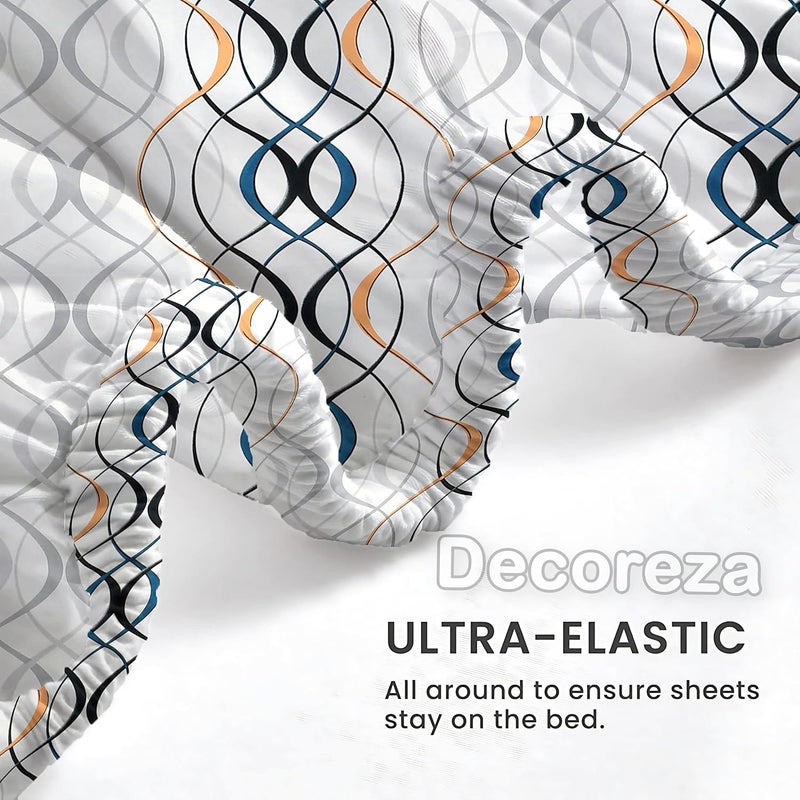 DECOREZA 240 TC Cotton Feel Glace Cotton Elastic Fitted Printed King Size Double Bed Bedsheet with 2 Pillow Covers and Fits Upto 8 inches Mattress, Size- 72"x78" (White Wave) - Image 5