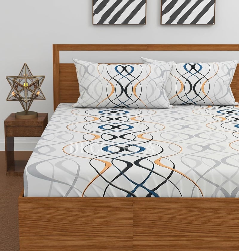 DECOREZA 240 TC Cotton Feel Glace Cotton Elastic Fitted Printed King Size Double Bed Bedsheet with 2 Pillow Covers and Fits Upto 8 inches Mattress, Size- 72"x78" (White Wave) - Image 2