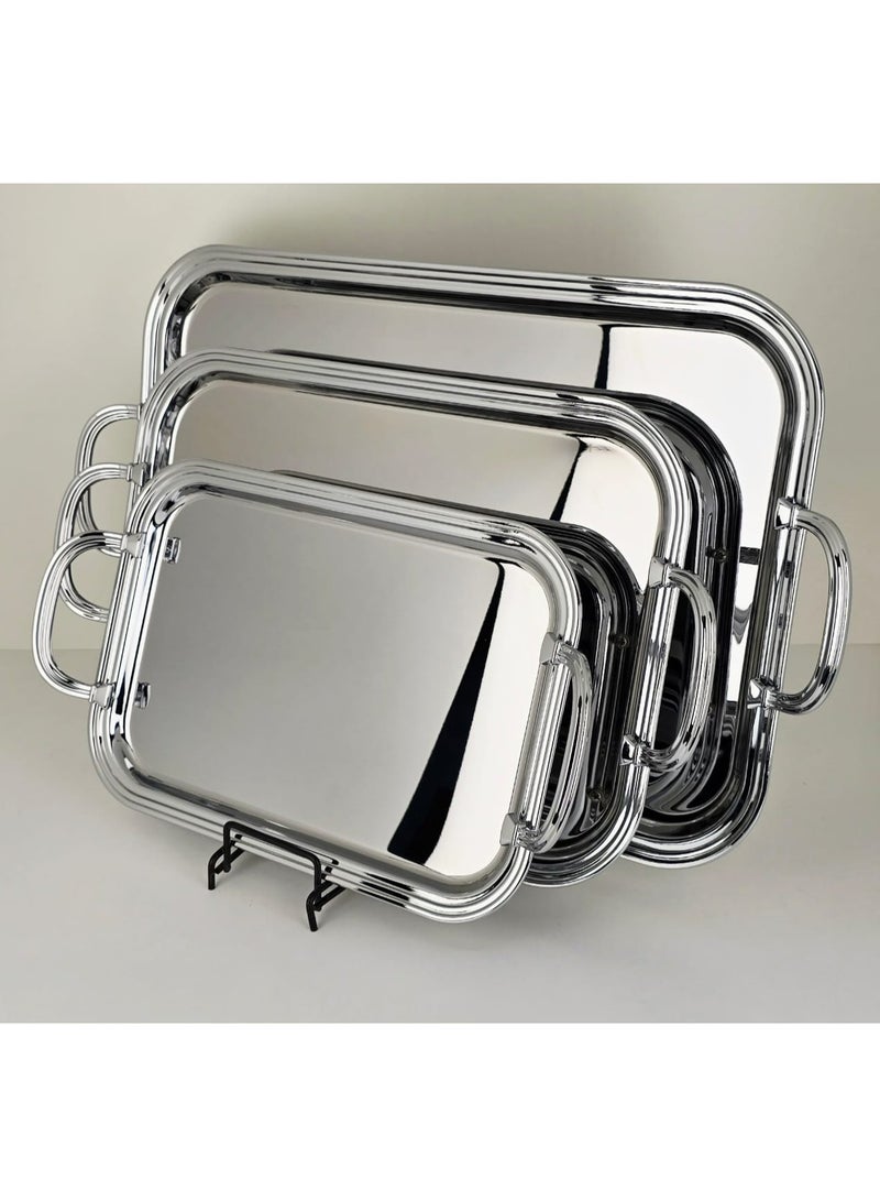 طقم صواني تقديم من الفولاذ المقاوم للصدأ 3 قطع – صواني تقديم فاخرة للمنزل، المجلس، الحفلات والفنادق | صينية لتقديم الطعام، الشاي، القهوة والوجبات الخفيفة | تصميم متداخل قابل للتكديس | متينة ومقاومة للصدأ | سهلة التنظيف