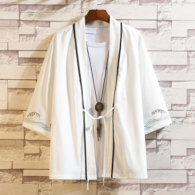 2024 Chinese Style Shirt Mens Loose Cardigan Robe Japanese Style Crane Embroidered Seven-Sleeve Hanfu Thin Coat 207 White 