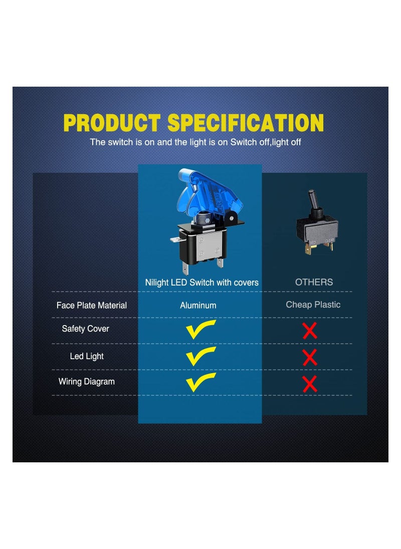 Y&D 5PCS LED Toggle Switch ON Off 12V Blue Lighted Aircraft Safety Cover Heavy Duty 20A SPST 3 Pin Rocker for Automotive Cars Trucks Boats  - Image 5