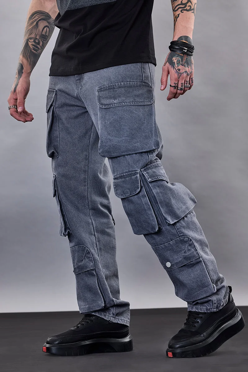 SNITCH جينز كارجو فضفاض بـ  جيب بلون رمادي من سنيتش ريفوليوشن