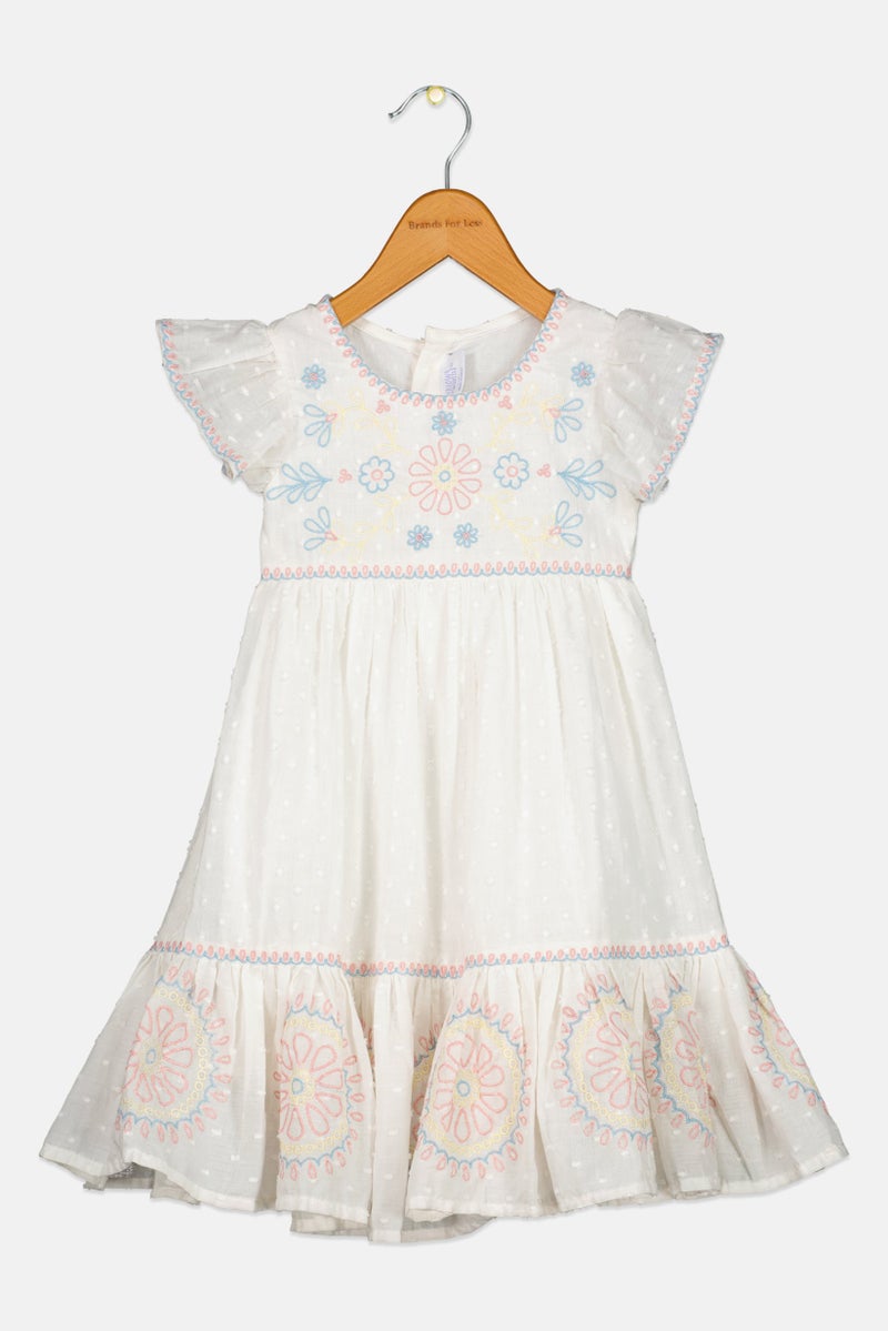 Willow & Whistle Toddlers Girl Embroidered Short Sleeve Dress, Off White - Image 2
