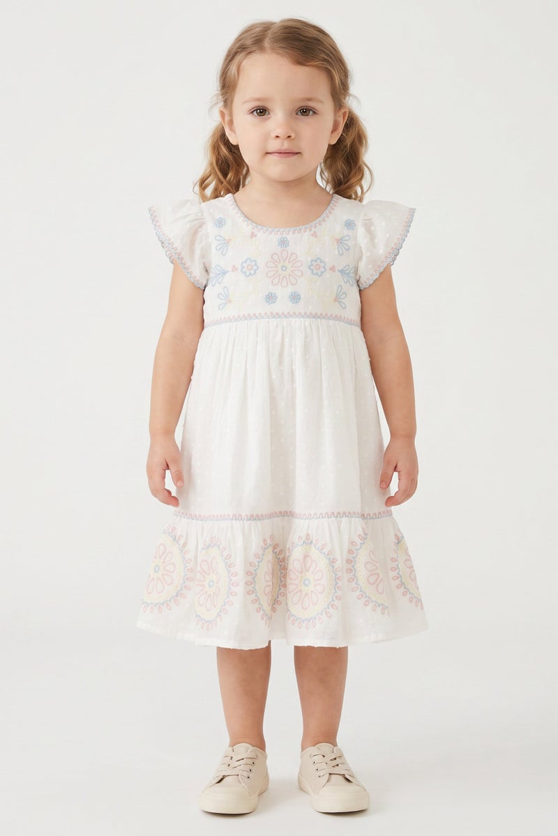 Willow & Whistle Toddlers Girl Embroidered Short Sleeve Dress, Off White - Image 1