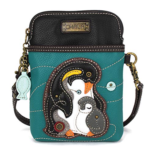 CHALA Bird Collection Cell Phone Crossbody Purse-Women PU Leather/Canvas Multicolor Handbag with Adjustable Strap - Penguin - turquoise - Image 1