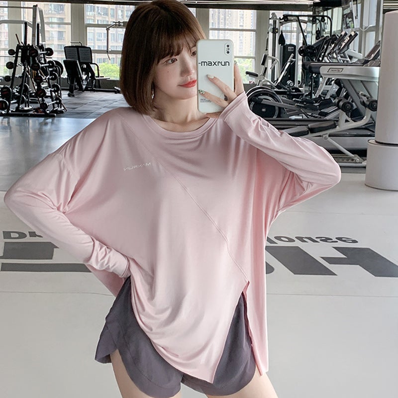 Generic 1 Split Sports Top plus size Sports Blouse Quick-drying T-shirt plus size Fitness Wear Long-sleeved Yoga Top Womens Loose Pink long sleeve 878 "regular] 