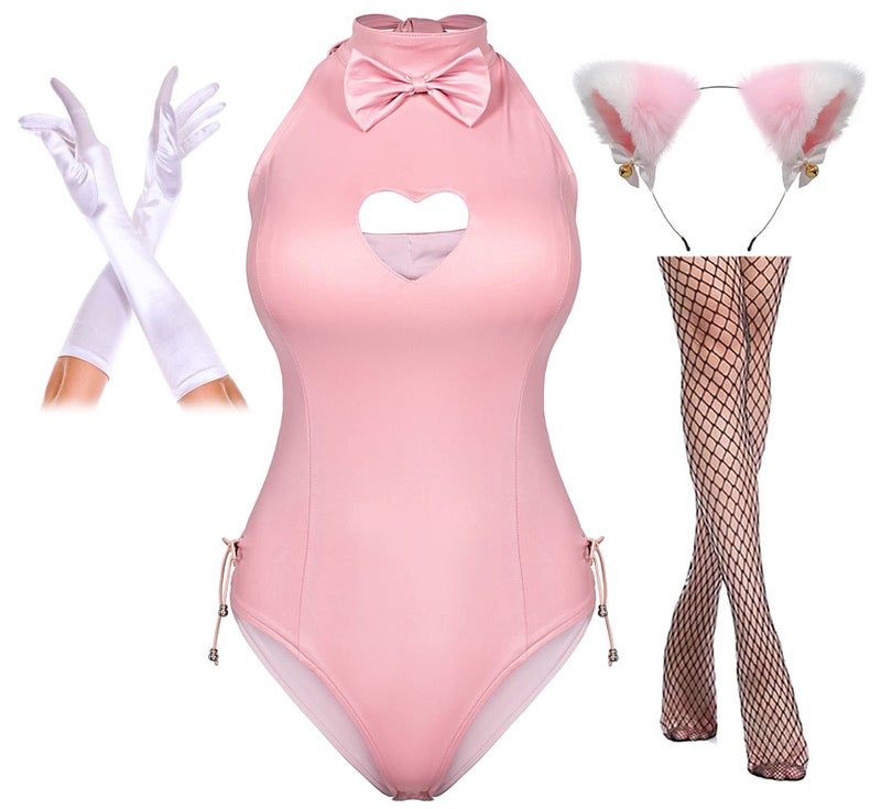 Yuriko Womens Bunny Costume Girl Suit Button Crotch Romper Onesie Bodysuit Cosplay Costume Furry Cat Ear Gloves Socks set(Pink L) - Image 1