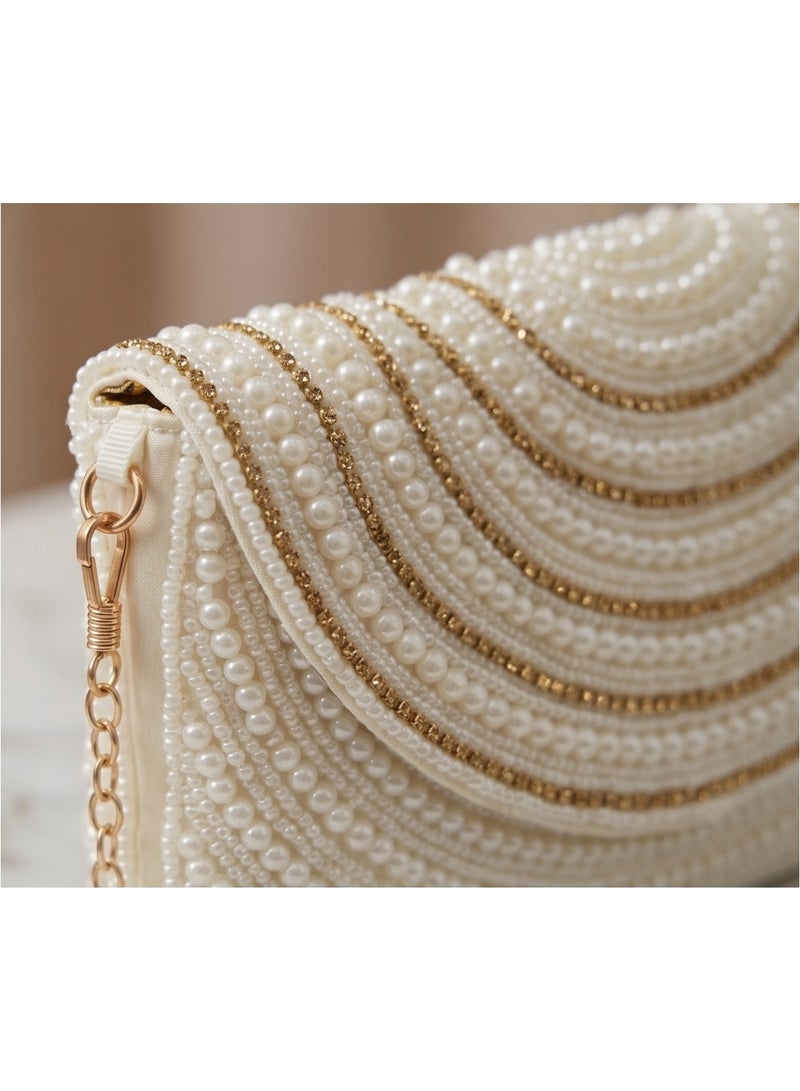 JOHN PAULS Ivory Pearl Clutch Bag for Women Handmade Beaded Bridal Purse with Gold Chain Strap & Magnetic Snap Closure | Wedding, Bridal Shower & Evening Handbag for Women - Image 3
