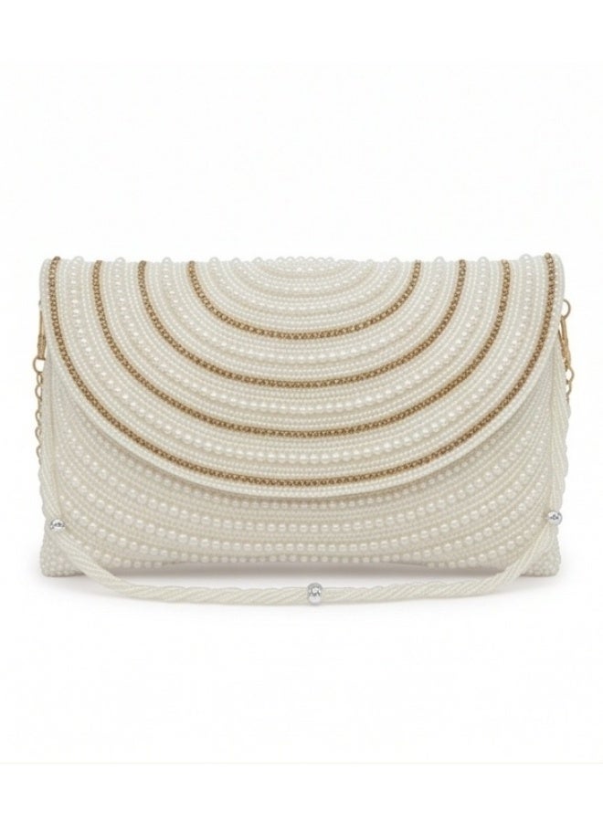 JOHN PAULS Ivory Pearl Clutch Bag for Women Handmade Beaded Bridal Purse with Gold Chain Strap & Magnetic Snap Closure | Wedding, Bridal Shower & Evening Handbag for Women - Image 1