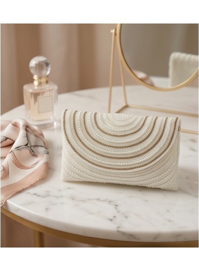 JOHN PAULS Ivory Pearl Clutch Bag for Women Handmade Beaded Bridal Purse with Gold Chain Strap & Magnetic Snap Closure | Wedding, Bridal Shower & Evening Handbag for Women - Image 5
