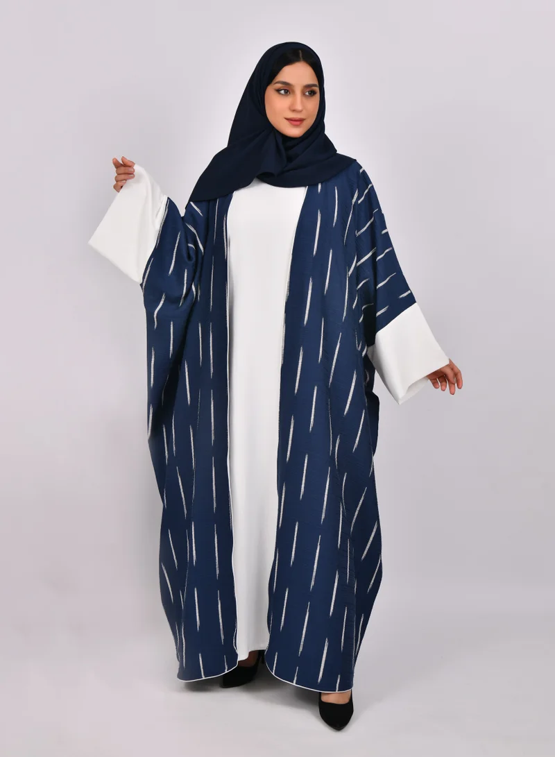 HAWRAA ABAYA Navy blue wide sleeve abaya with white stripes and white dress