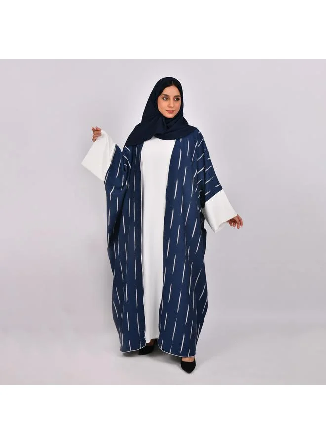 HAWRAA ABAYA Navy blue wide sleeve abaya with white stripes and white dress