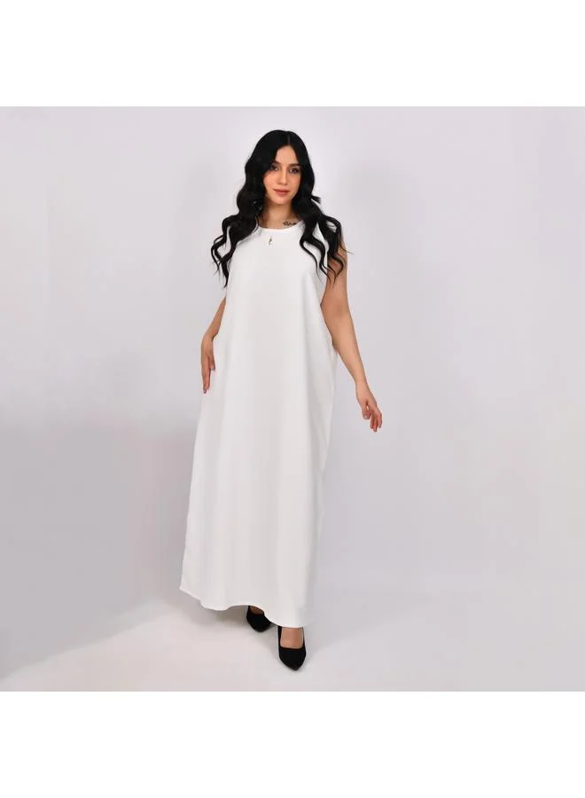 HAWRAA ABAYA Navy blue wide sleeve abaya with white stripes and white dress