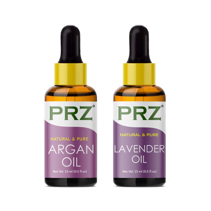 PRZ Combo of Cold Pressed Moroccan Argan Oil & Lavender Essential Oil, 100% Pure Natural & Therapeutic Grade Oil for Aromatherapy, Body Massage, Skin Care & Hair Growth (15ML Each) - Image 5