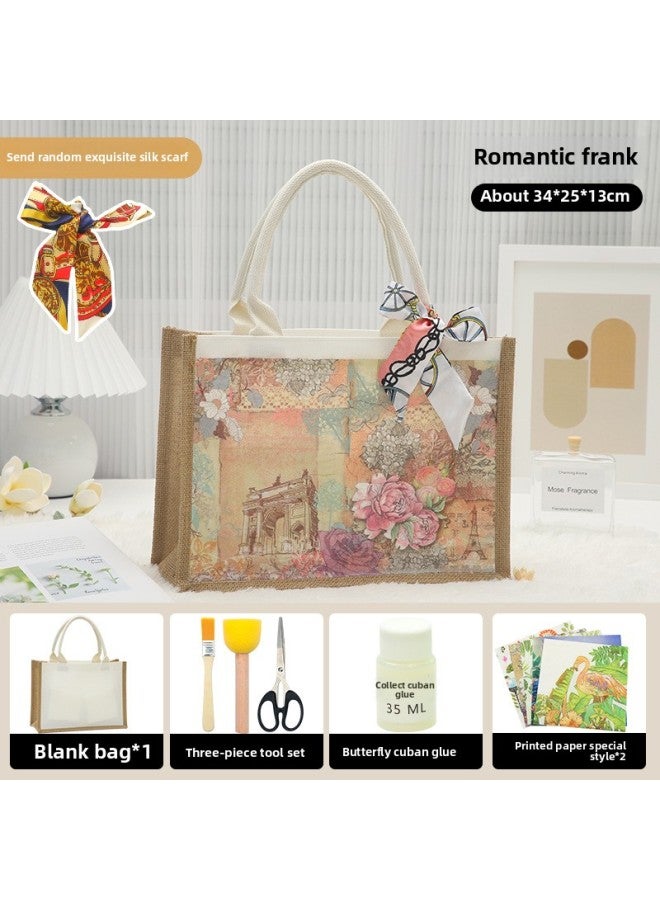 Thanksgiving Diy Handmade Butterfly Ancient Bart Canvas Tote Bag Sack Paste Group Building Parent-child Material Bag Warm-up Field-Color:LB-N6 Romantic French Material Contains Scissors Glue_horizontal  - Image 1