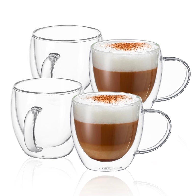 CNGLASS 8.5oz Glass Coffee Mug,Double Wall Insulated Glass Mugs with Handle,Clear Espresso Mugs for Latte,Cappuccino,Tea Bag,Set of 4 - Image 1