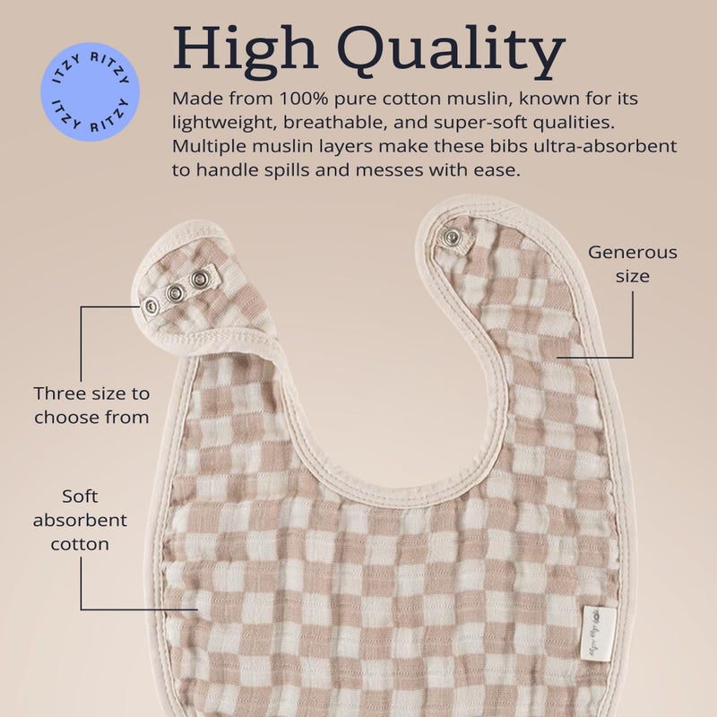 Itzy Ritzy Set of 3 Baby Bibs - Ultra-Soft Adjustable Infant & Toddler Bibs Made of Triple-Layer Cotton Muslin, Ideal for Drooling, Teething, & Eating -3 Stylish, Coordinating Prints (Checkerboard) - Image 5
