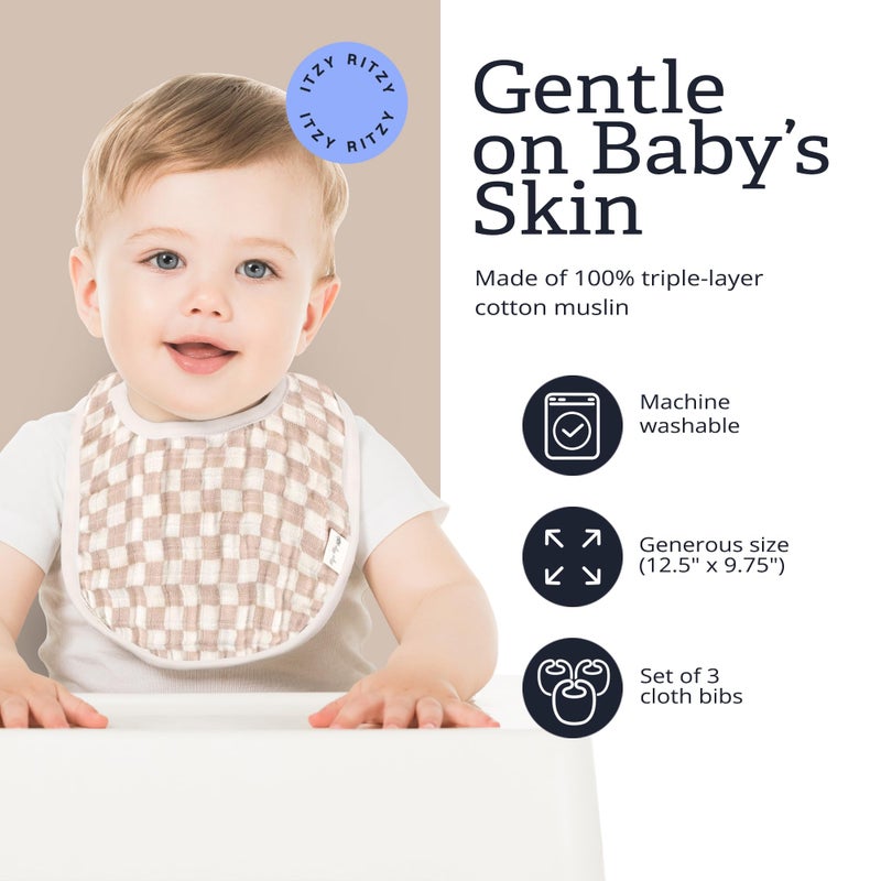 Itzy Ritzy Set of 3 Baby Bibs - Ultra-Soft Adjustable Infant & Toddler Bibs Made of Triple-Layer Cotton Muslin, Ideal for Drooling, Teething, & Eating -3 Stylish, Coordinating Prints (Checkerboard) - Image 4