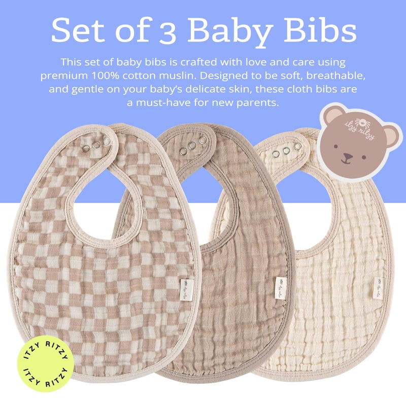 Itzy Ritzy Set of 3 Baby Bibs - Ultra-Soft Adjustable Infant & Toddler Bibs Made of Triple-Layer Cotton Muslin, Ideal for Drooling, Teething, & Eating -3 Stylish, Coordinating Prints (Checkerboard) - Image 2