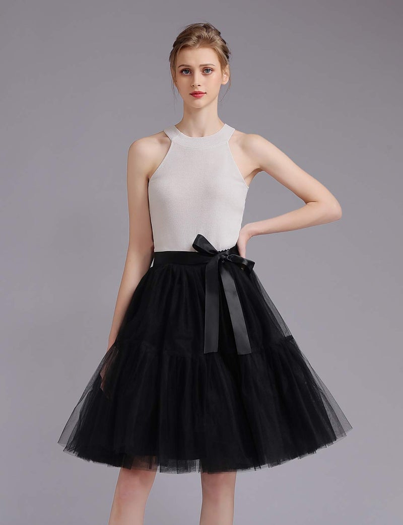 ELAWBTY Womens Knee Length Princess Petticoat Underskirt Tulle Tutu Skirt For Prom Party Black S M L - Image 2