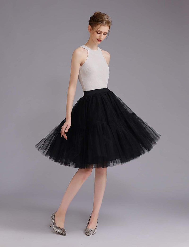 ELAWBTY Womens Knee Length Princess Petticoat Underskirt Tulle Tutu Skirt For Prom Party Black S M L - Image 3
