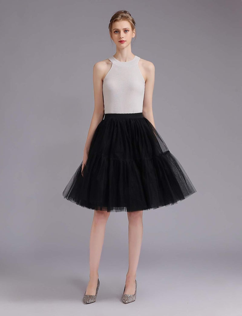 ELAWBTY Womens Knee Length Princess Petticoat Underskirt Tulle Tutu Skirt For Prom Party Black S M L - Image 5