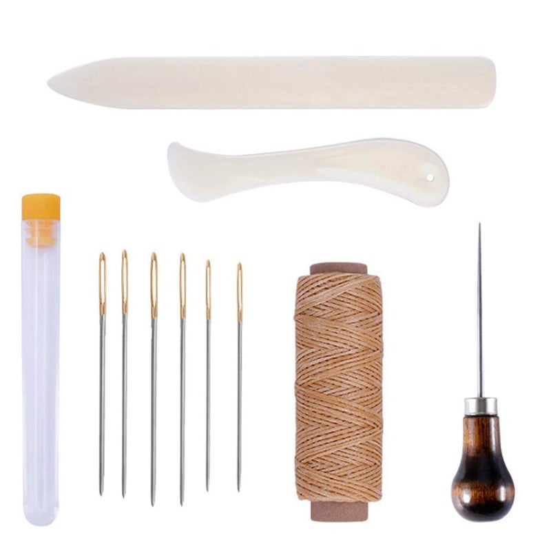 11 Pieces Bookbinding Kit Starter Tools Set Bone Folder Paper Creaser, Waxed Thread, Awl, Large-Eye Needles for DIY Bookbinding Crafts and Sewing Supplies