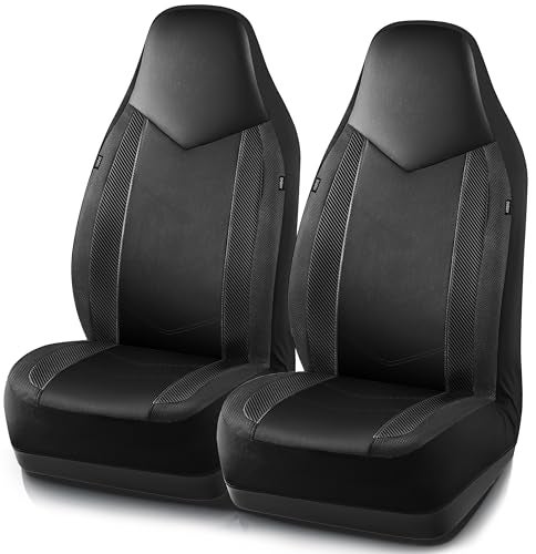 PIC AUTO Leather Car Seat Covers Sports Carbon Fiber Mesh Design HighBack Two Front Set Waterproof Automotive Seat Covers Airbag Compatible Universal Fit for Most Cars Black Black - Image 1