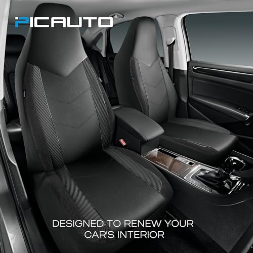 PIC AUTO Leather Car Seat Covers Sports Carbon Fiber Mesh Design HighBack Two Front Set Waterproof Automotive Seat Covers Airbag Compatible Universal Fit for Most Cars Black Black - Image 3