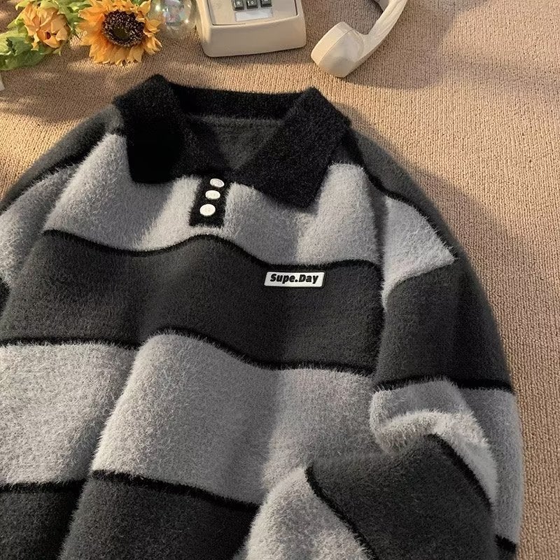 Autumn/Winter POLOSweater Mens Hong Kong Style Vintage Trendy Lapel Top New Stripe Color Block Loose Fit Knit Base Layer Top Gray  - Image 1