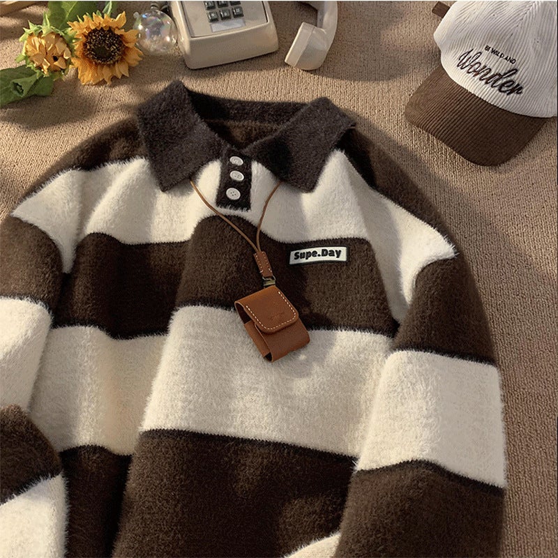 Autumn/Winter POLOSweater Mens Hong Kong Style Vintage Trendy Lapel Top New Stripe Color Block Loose Fit Knit Base Layer Top Gray  - Image 2