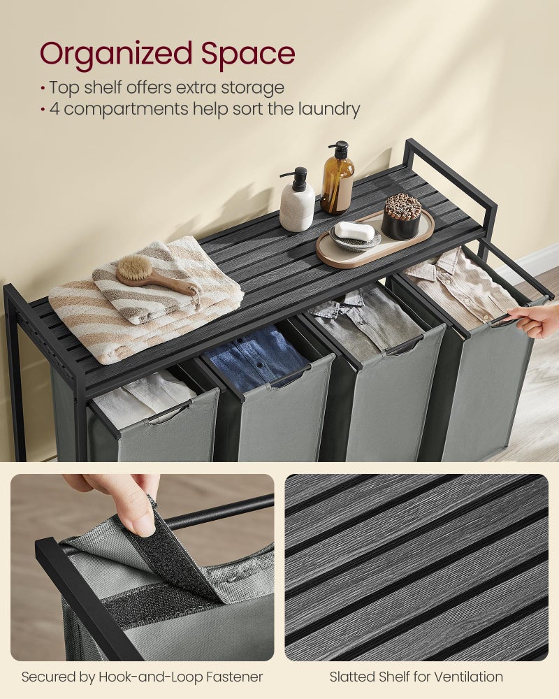 VASAGLE Laundry Hamper, Laundry Basket, Laundry Sorter with 4 Pull-Out and Removable Bags, Shelf, Metal Frame, 4 x 10.6 Gallons (40 L), 45.7 x 13 x 28.4 Inches, Slate Gray and Charcoal Gray UBLH401G01 - Image 3