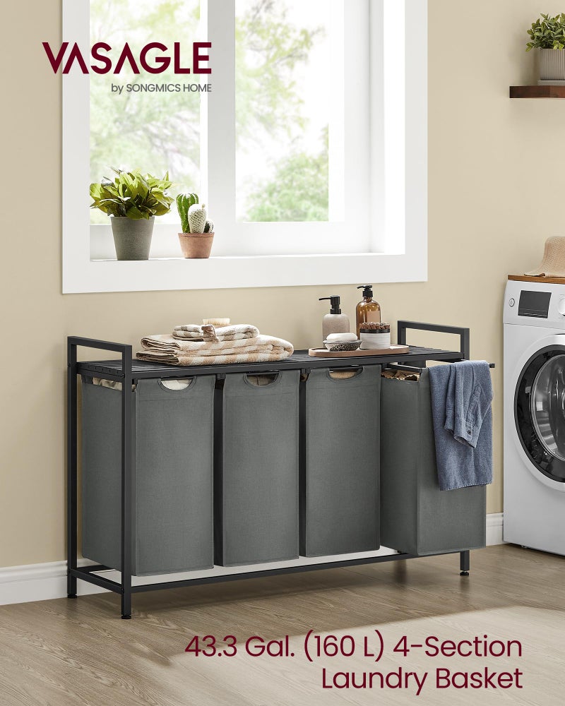 VASAGLE Laundry Hamper, Laundry Basket, Laundry Sorter with 4 Pull-Out and Removable Bags, Shelf, Metal Frame, 4 x 10.6 Gallons (40 L), 45.7 x 13 x 28.4 Inches, Slate Gray and Charcoal Gray UBLH401G01 - Image 2