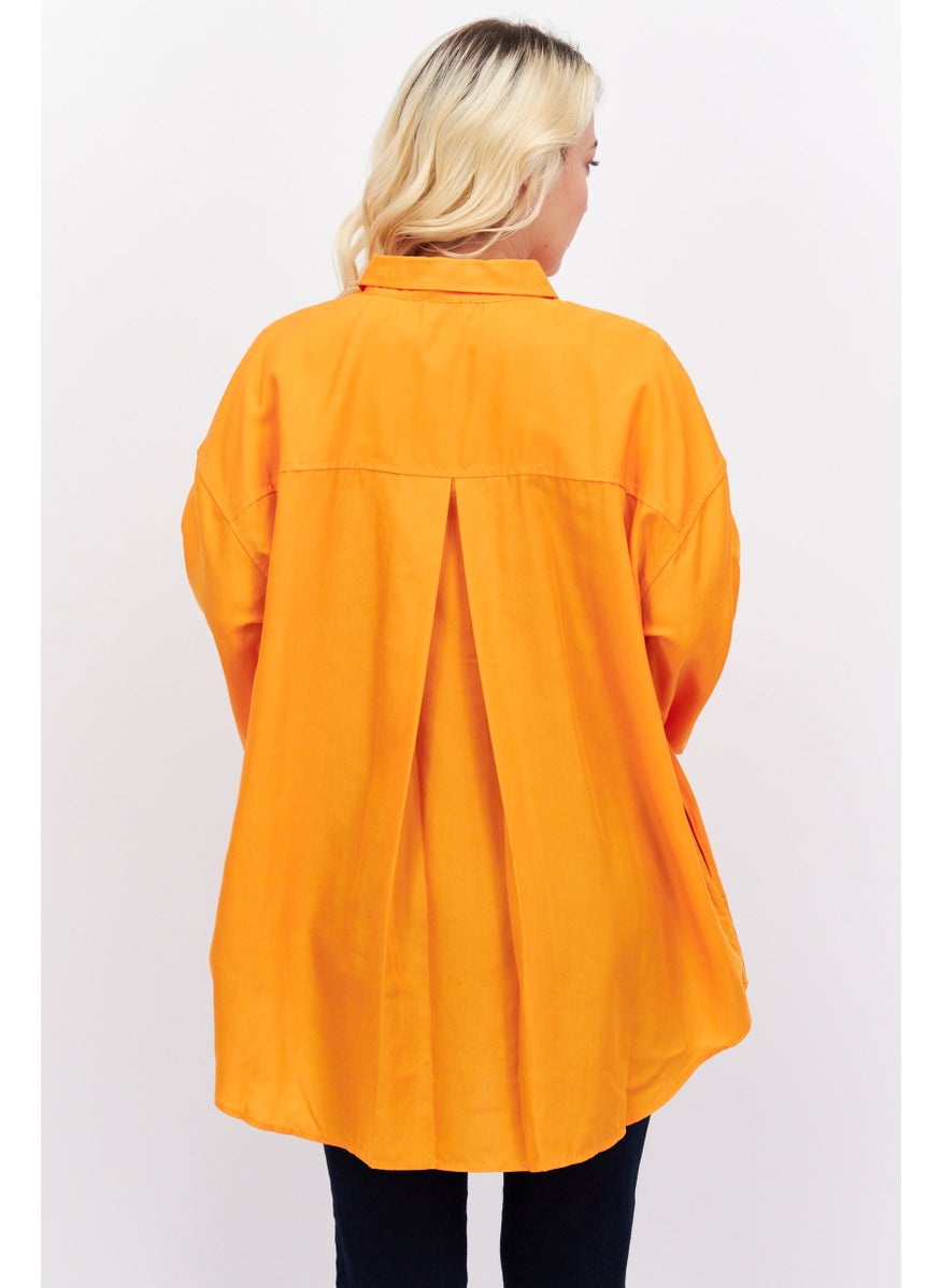 ESPRIT - Women Oversize Pointed Neck Long Sleeve Solid Blouse, Orange - Image 1