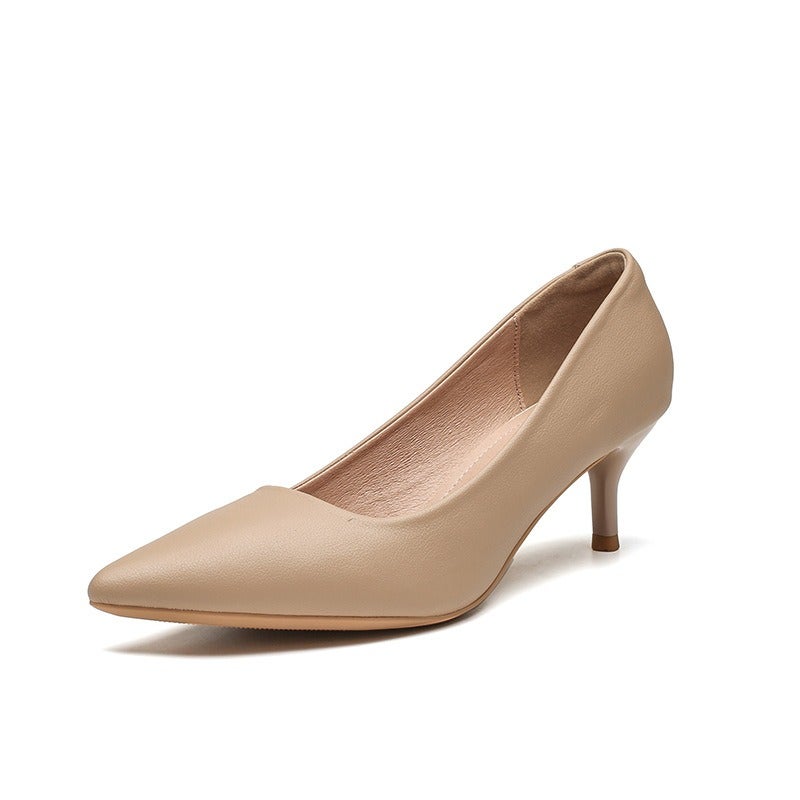 555-8 Nude High Heels for Women, French Style Soft Leather Pointed Toe Office Shoes