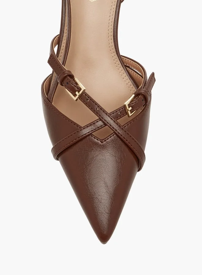 Paprika Women Cross Strap Slingback Shoes with Buckle Closure and Kitten Heels