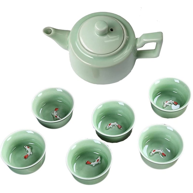 CoreLife Chinese Tea Set Kung Fu Porcelain Handmade Ceramic Tea Set 6 Cups with Teapot  Teal with Raised Koi Fish Design